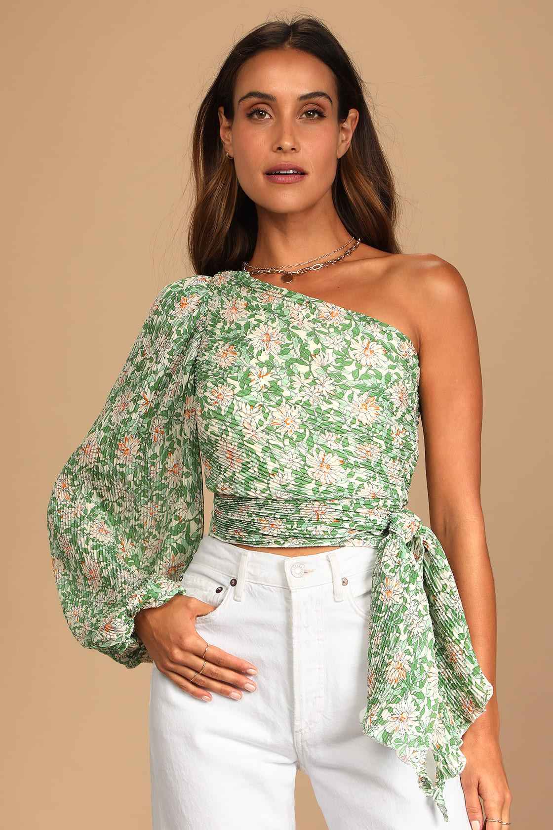 Grow Toward Love Green Floral Print Pleated One-Shoulder Top | Lulus (US)