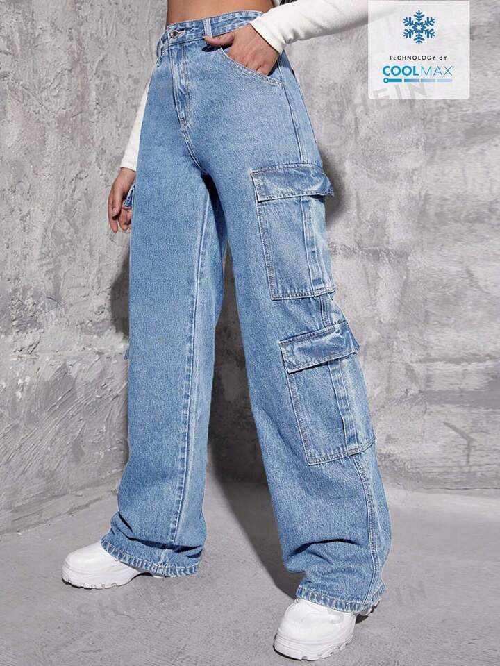 SHEIN EZwear Coolmax Women's Workwear Style Cargo Denim Jeans With Pockets | SHEIN