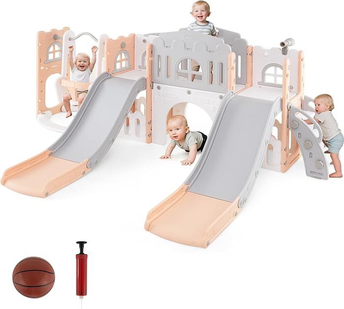 Costzon 10 in 1 Toddler Swing and Slide Set, Double Kids Slide and Climber Playset w/Aisle, Peek-... | Amazon (US)