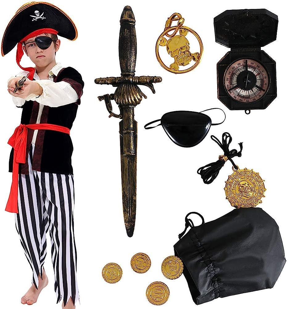 Pirate Costume Kids Deluxe Costume Pirate Sword Compass Earring Purse Coins Medallion Pirate Acce... | Amazon (US)