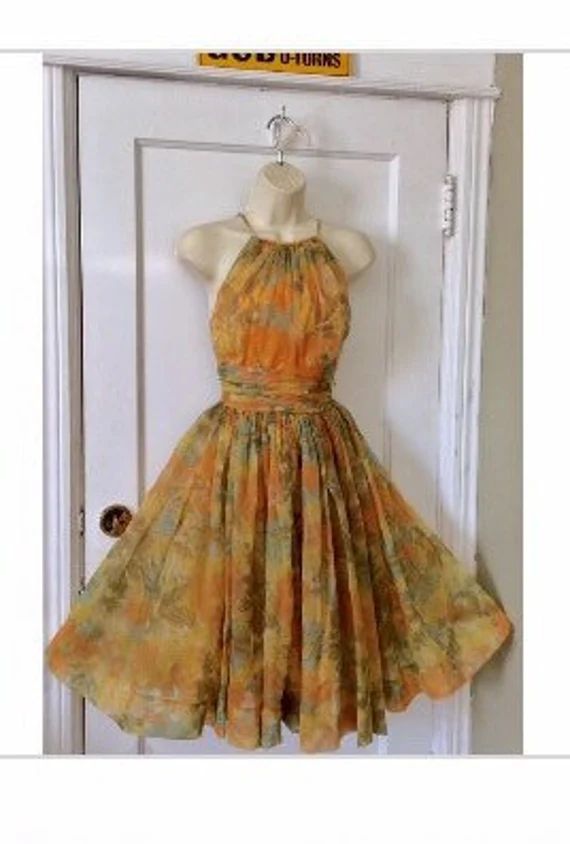 Saks Fifth Avenue Vintage Dress - Yellow Water-Color Floral Crepe Chiffon 1960’s Vintage Fit-an... | Etsy (US)