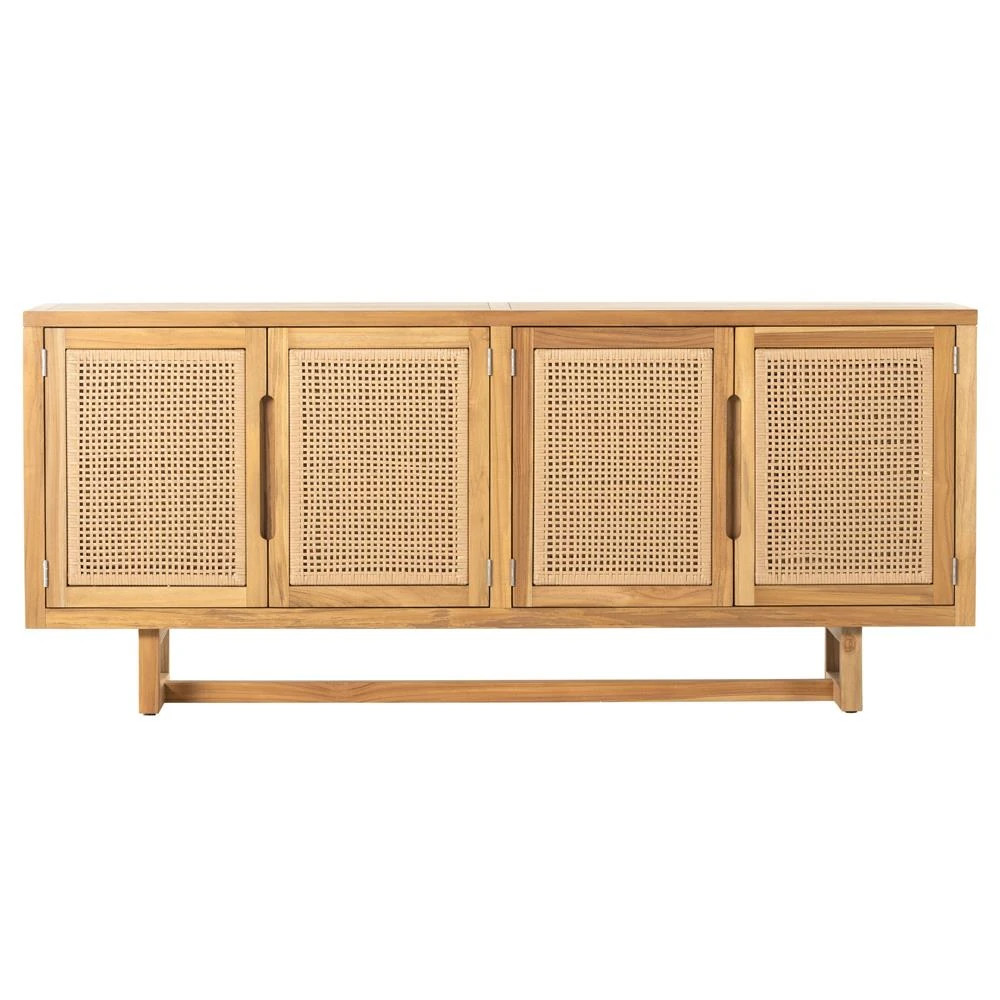 Tropica Coastal Beach Natural Brown Teak Wood Faux Rattan Outdoor Sideboard | Kathy Kuo Home