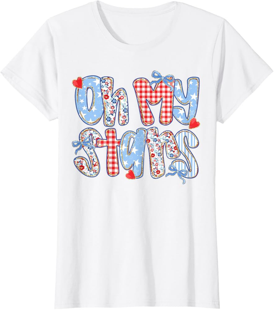 Oh My Stars 4th of July Preppy Plaid Gingham Patchwork Women T-Shirt | Amazon (US)