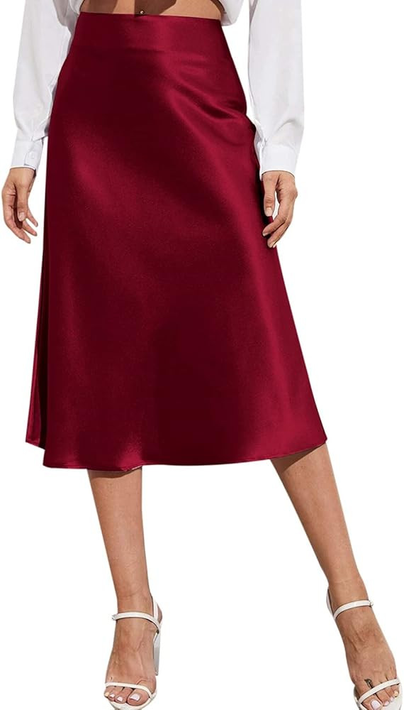 Womens High Waist Midi Skirt Solid Satin Dress Zipper Elegant Summer Skirts | Amazon (US)