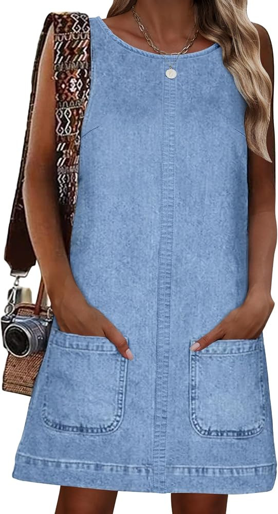 Womens Sleeveless Casual Denim Dress - Summer Crewneck Vintage Loose Jean Romper Overall Dress wi... | Amazon (US)
