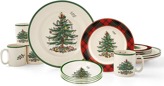 Spode Christmas Tree 16-Piece Tartan Dinnerware Set (Service for 4) - Festive Holiday Tableware w... | Amazon (US)