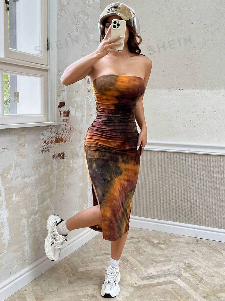 TrendsSHEIN EZwear Tie Dye Knitted Women's Strapless Dress | SHEIN