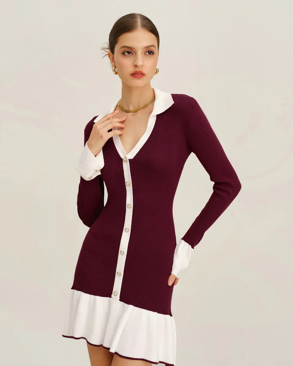 Wine Red Contrasting Sweater Dress | rihoas.com