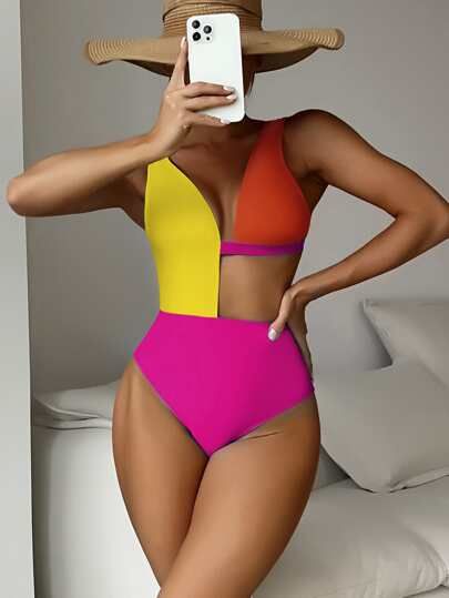 Color Block Asymmetrical One Piece Swimsuit | SHEIN
