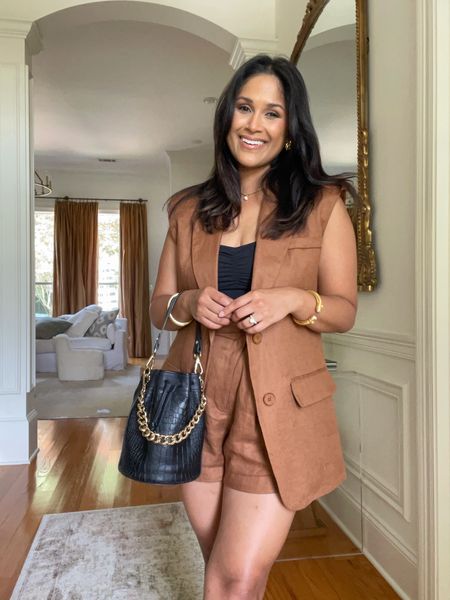 How cute is this matching linen set for the summer? The brown color is so chic! Wearing sz small in blazer & medium in shorts. Take 20% OFF my bucket bag with code: HAUTE20
 #astr #shorts #linen #summerstyle #summeroutfit 

#LTKShoeCrush #LTKStyleTip #LTKItBag