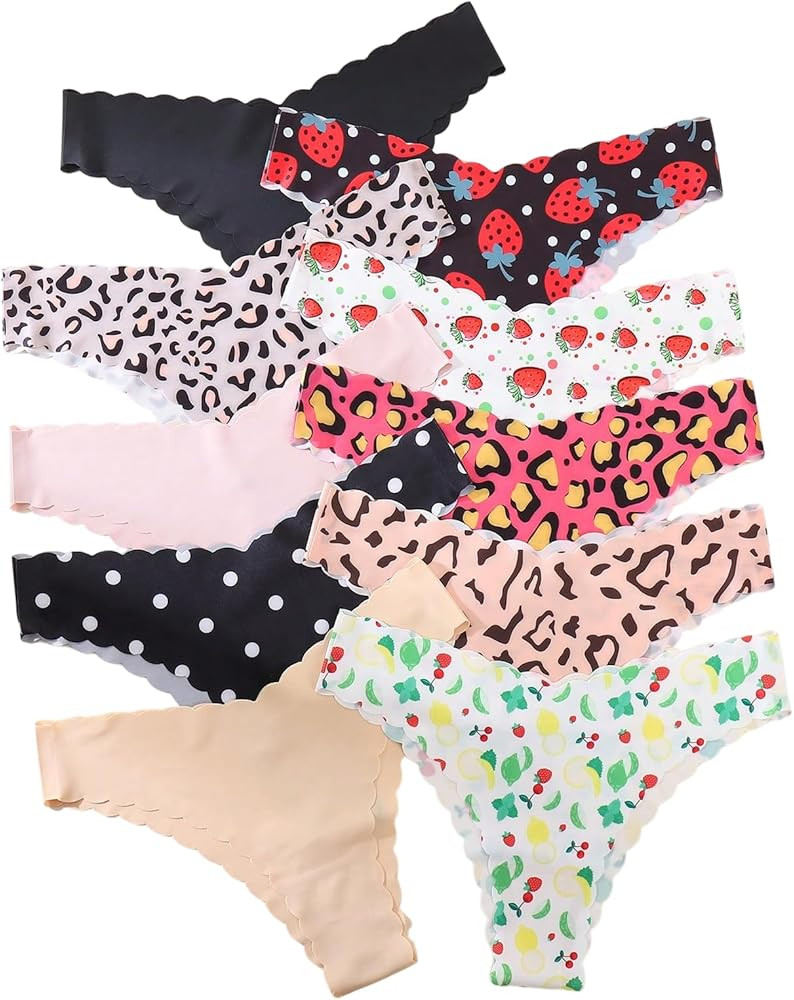 Women's 10 Pack Thongs Set Leopard Print Seamless Brief Floral Scallop Mid Rise No Show Panty Set | Amazon (US)