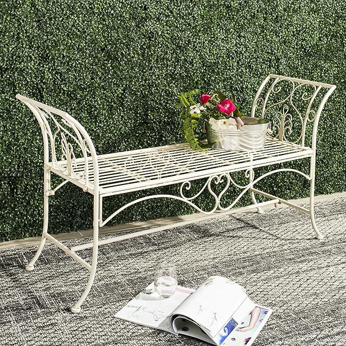 Safavieh PAT5016A Collection Arona Antique White Wrought Iron 51" Outdoor Garden Bench | Amazon (US)