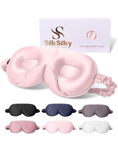 SilkSilky 100% 22 Momme Mulberry Silk Sleep Mask – Upgraded 3D Contoured Eye Mask with Nose Wing Pads & Adjustable Strap, Luxury Blackout Eye Cover for Women & Men (Pink) | Amazon (US)