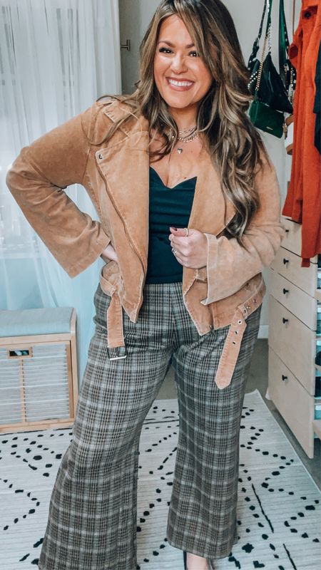 Fall midsize outfit- Size 14
Corduroy stretchy lightweight moto jacket 2xl sized up for room in the arms and to layer with 
Bodysuit 2xl
Plaid stretchy cropped pants run big wearing an xl would prefer a large 


#LTKcurves #LTKSeasonal #LTKstyletip