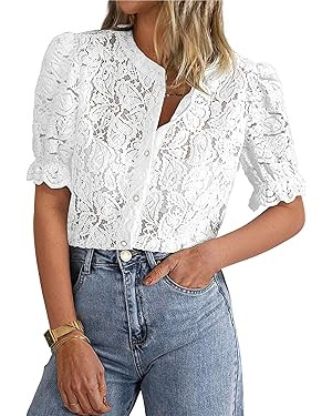 PRETTYGARDEN - Blusas de encaje de primavera para mujer, manga corta abombada, estilo informal, c... | Amazon (US)