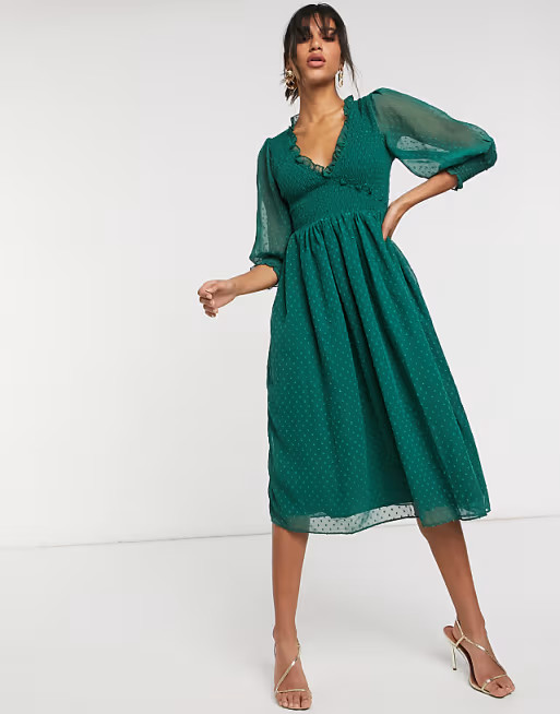 ASOS DESIGN shirred dobby midi dress in forest green | ASOS (Global)