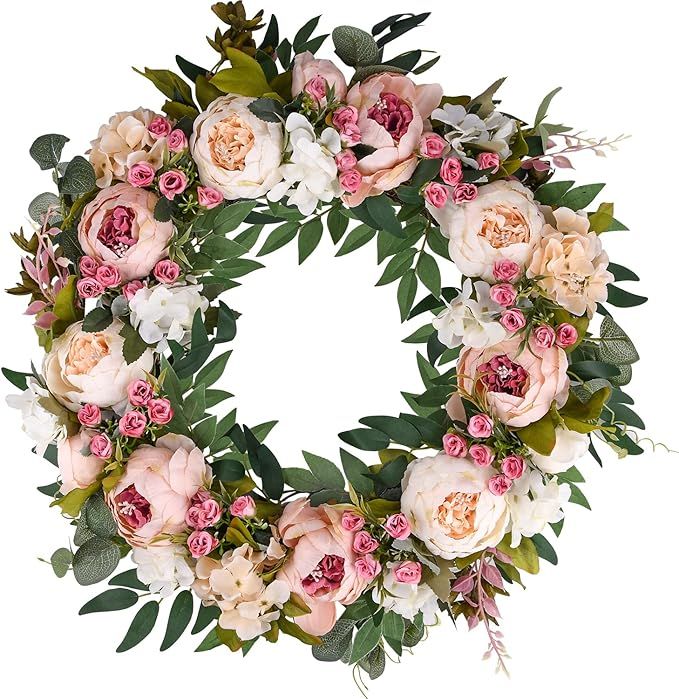 Peony Spring Summer Wreath for Front Door 24inch, TechKen Handmade Articial Blooming Flower Wreat... | Amazon (US)