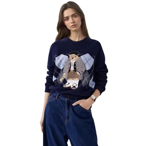 zvyubn Cute Teddy Bear with Argyle Pullover Sweater Women's Winter Long Sleeve Crew Neck Cozy Knit Preppy Sweaters Holiday Retro Dating Warm Petite Outfits S | Amazon (US)