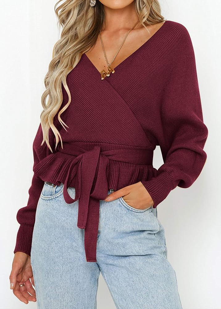 ZESICA Women's Wrap V Neck Long Batwing Sleeve Belted Waist Ruffle Knitted Sweater Pullover Top | Amazon (US)