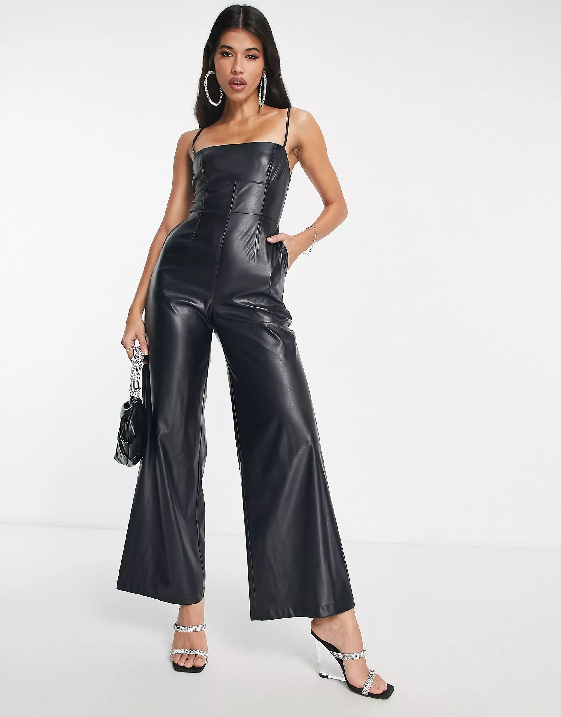 ASOS DESIGN leather look strappy wide leg jumpsuit in black | ASOS (Global)