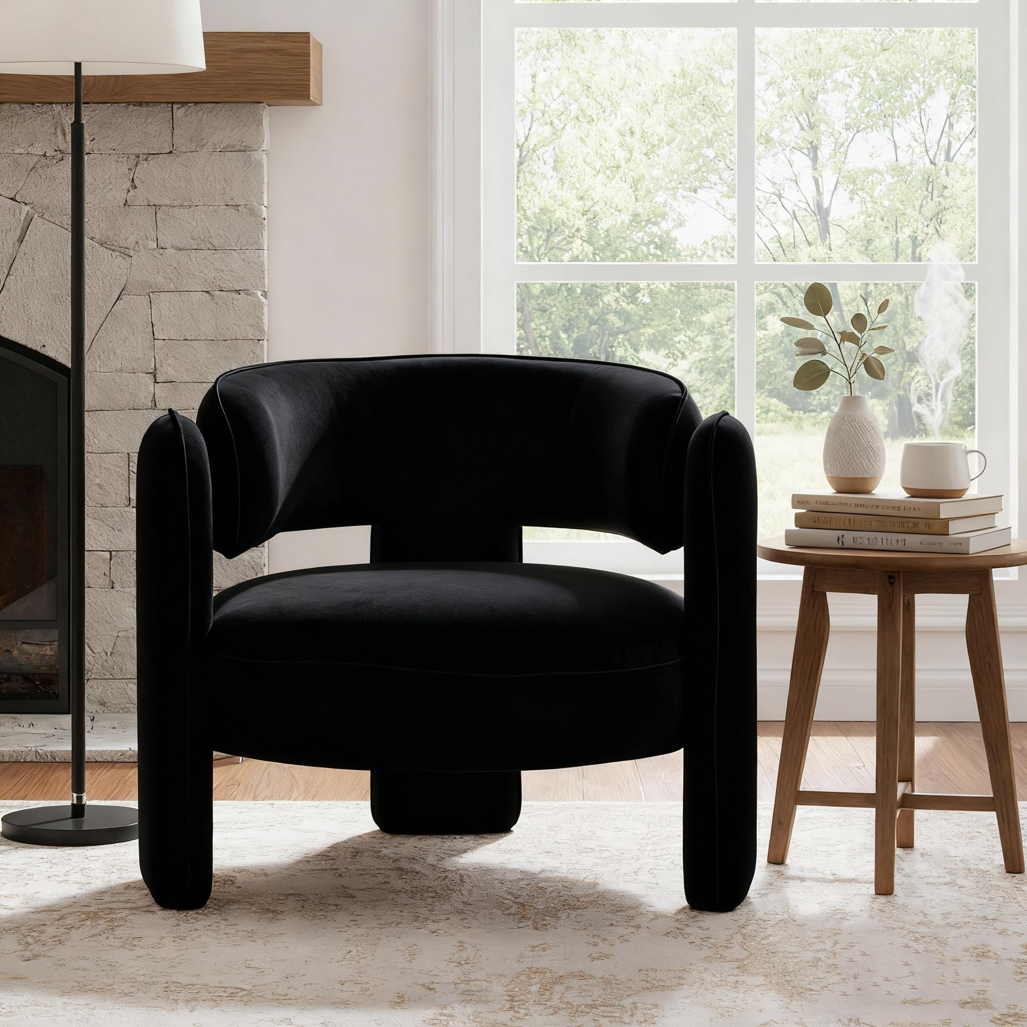 HNY Mid Century Modern Velvet Barrel Accent Chair, Comfy Round Upholstered Armchair with Open Back, Side Club Chair Lounge Arm Chair for Living Room, Bedroom, Waiting Rooms, Small Spaces, Black | Amazon (US)