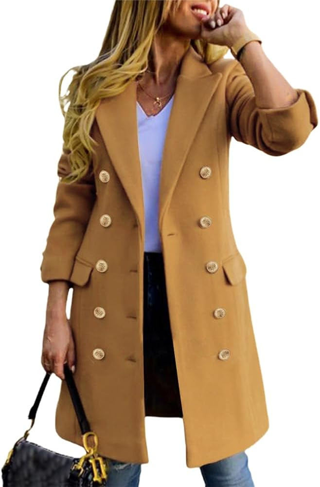 Amazon.com: IDEALSANXUN Camel Coat Women Winter Coats Double Breasted Wool Peacoat Trench Coat Fa... | Amazon (US)