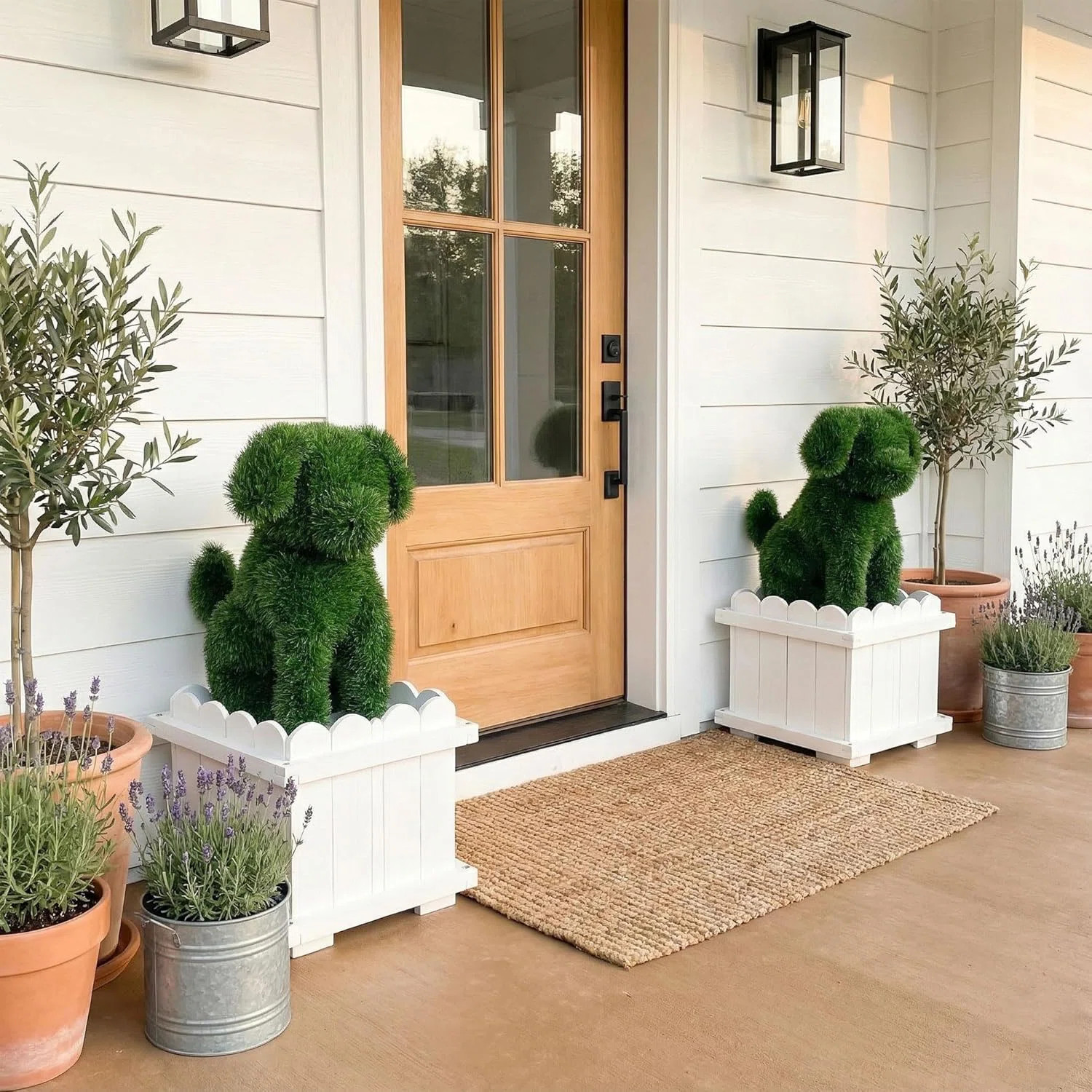 Decorative White Planter Box With Artificial Dog Topiary - 2 Pack | Wayfair North America
