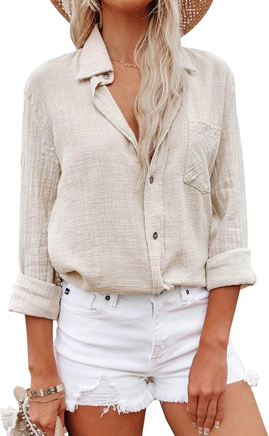 Womens Button Down Shirts Gauze Cotton Dress Shirt Long Sleeve Oversized Boyfriend Solid Tunic To... | Amazon (US)