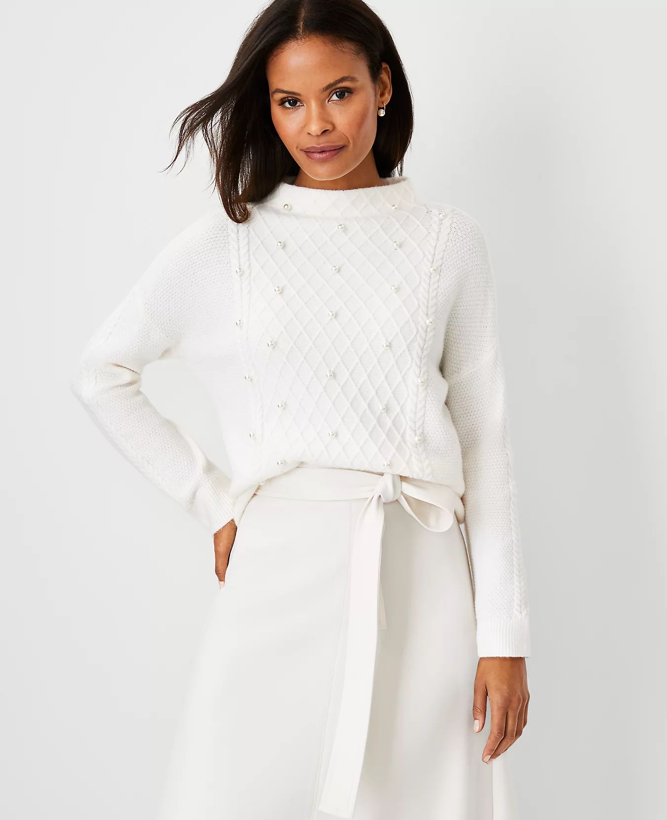 Pearlized Mock Neck Cable Sweater | Ann Taylor (US)