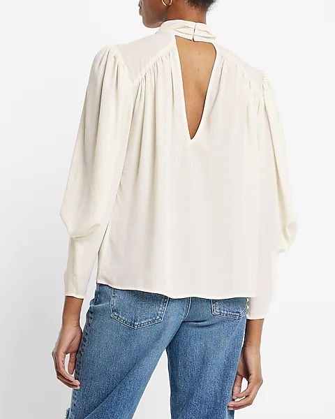 Gathered Mock Neck Long Sleeve Open Back Top | Express