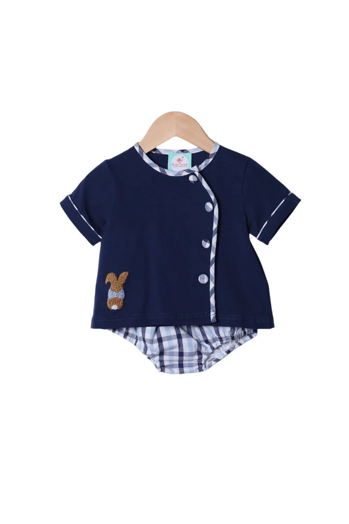 French Knot Bunny Navy Plaid Button Diaper Set | The Smocked Flamingo