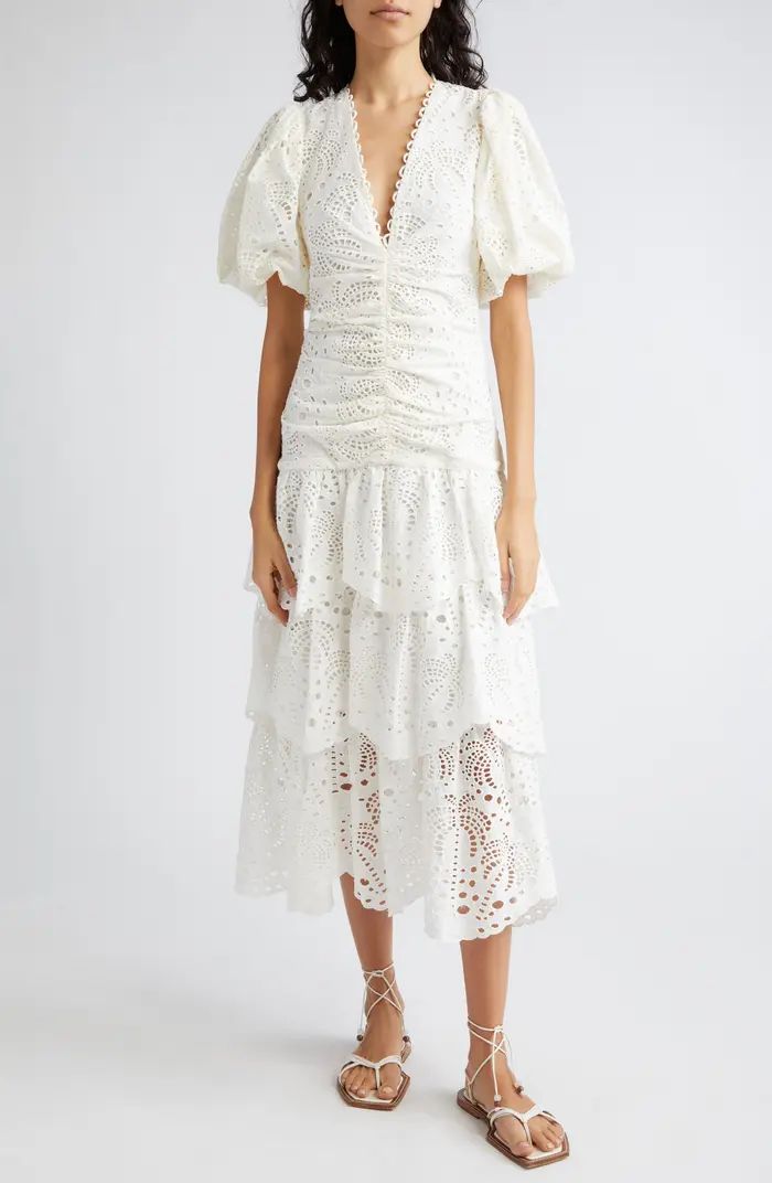 FARM Rio Eyelet Puff Sleeve Tiered Cotton Midi Dress | Nordstrom | Nordstrom