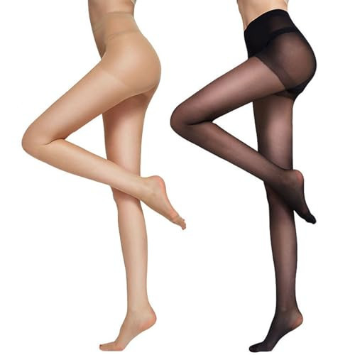 DRESHOW 2 Pairs Women's Sheer High Waist Tights 20D Pantyhose Black with Control Top and Reinforced Toes | Amazon (US)