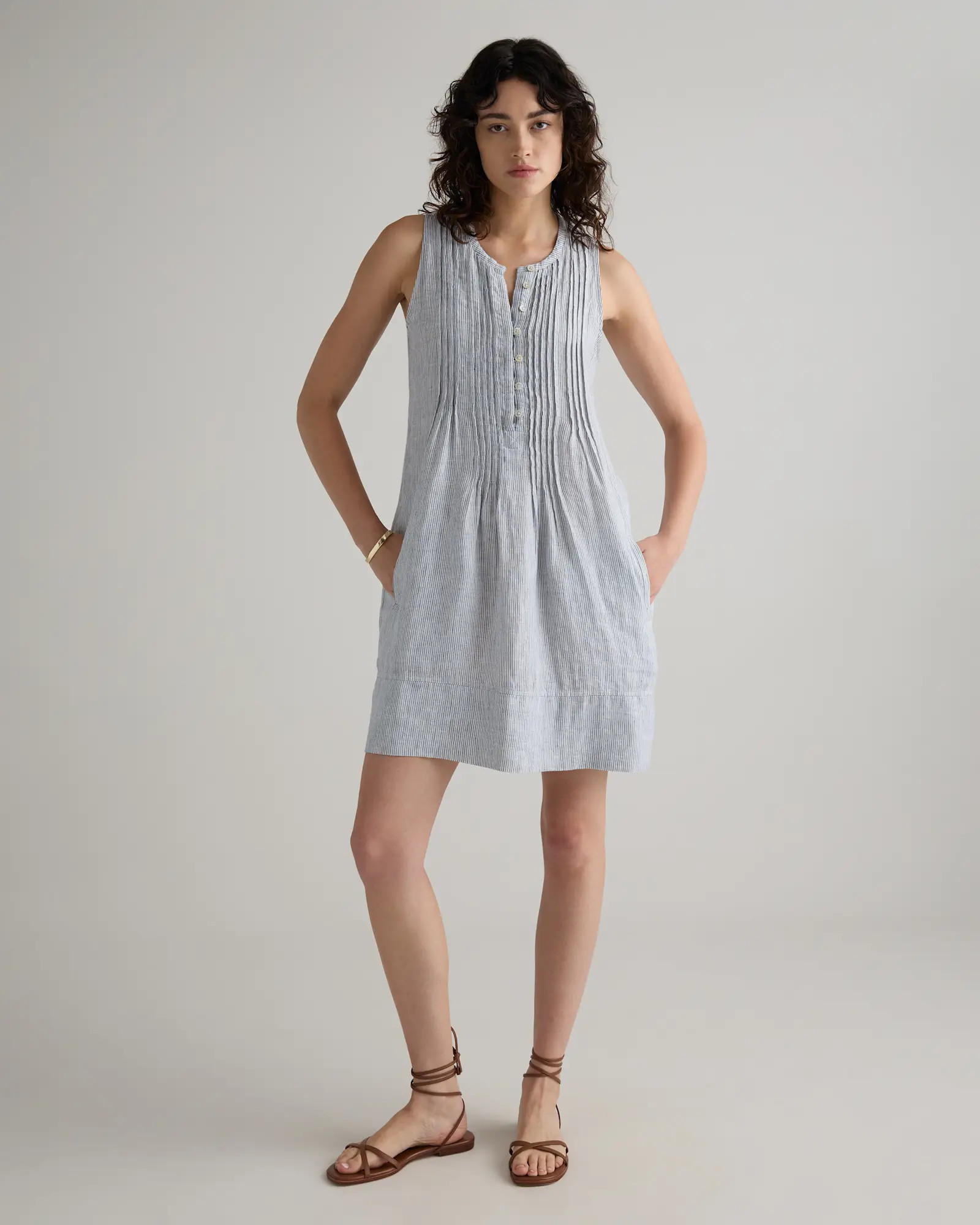 100% European Linen Sleeveless Swing Dress in Blue Pinstripe | Quince