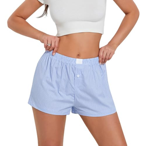 Y2k Striped Boxer Shorts for Women Pinstripe Pajamas Shorts Wide Leg Pj Sleep Shorts Low Rise Lounge Shorts (Pinstripe Light Blue, S) | Amazon (US)