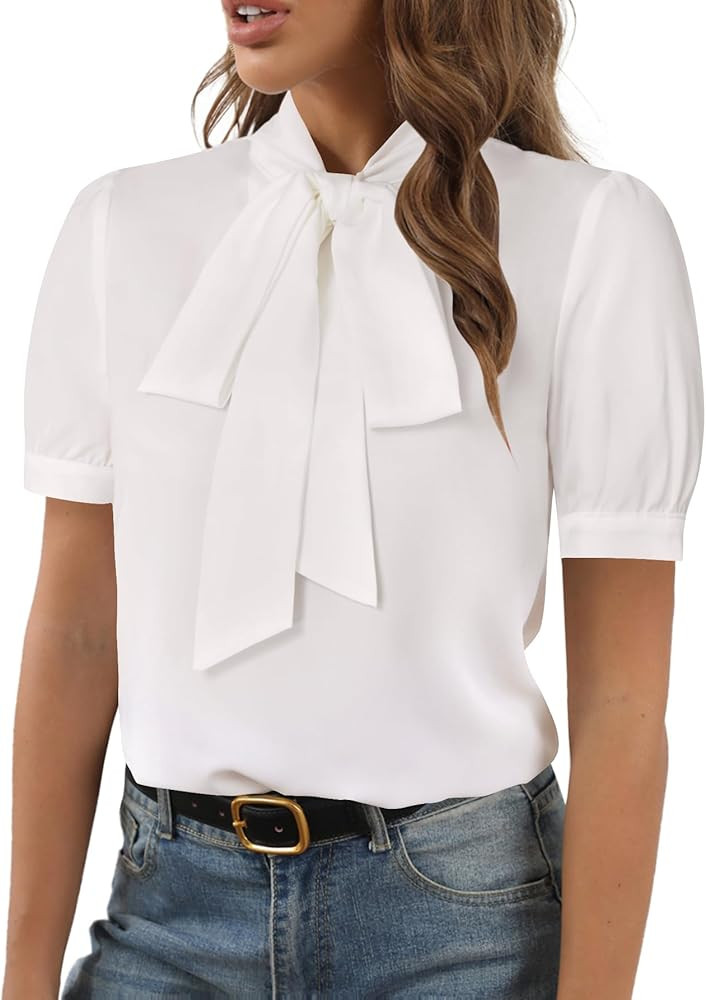 Rooscier Women's Bow Tie Neck Short Sleeve Dressy Blouse Elegant Business Casual Shirt Top | Amazon (US)