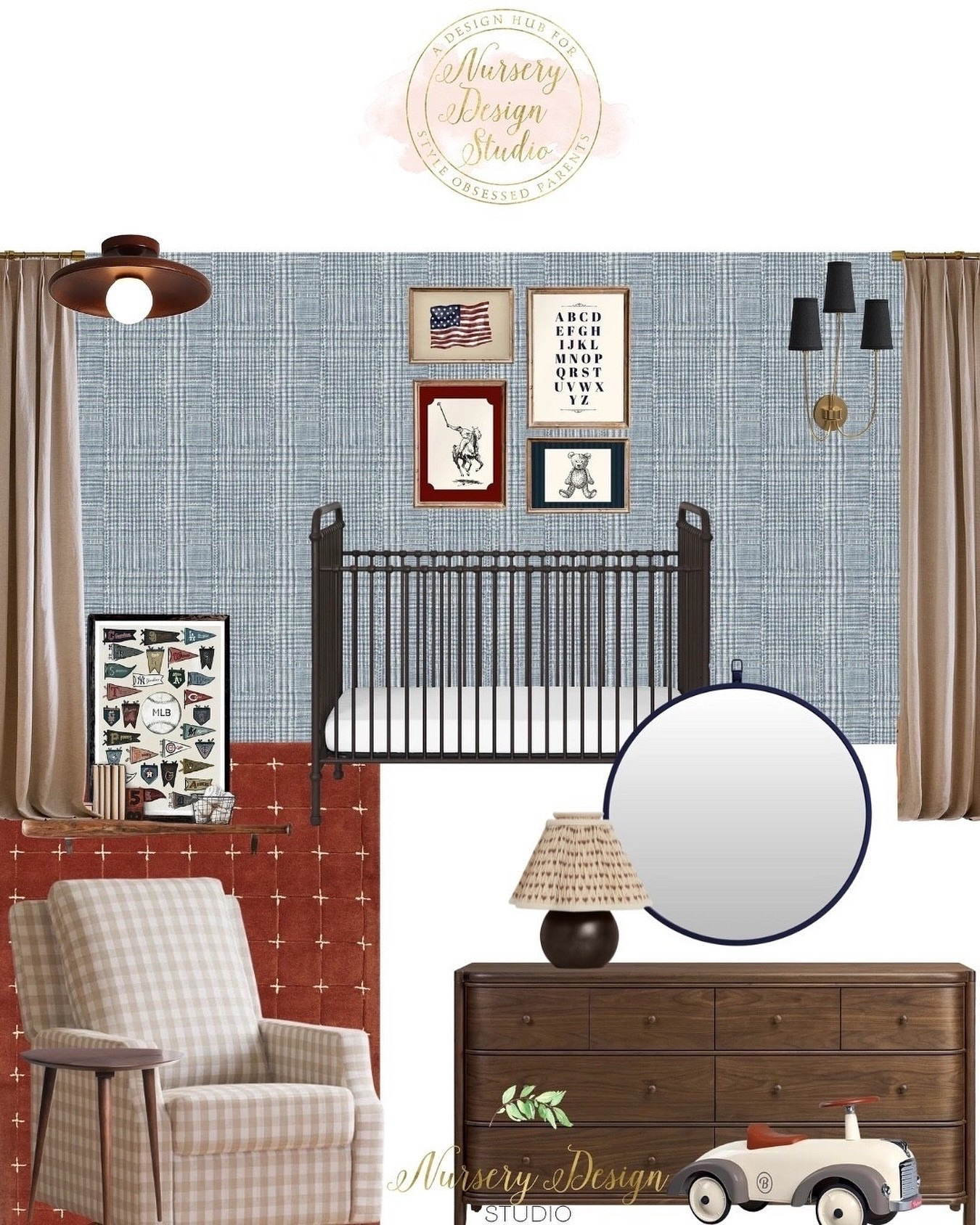 A baby boy’s nursery with heritage in every detail.
From the menswear-inspired blue plaid wallpaper to the black metal crib and layers of classic Americana art, Quinn’s room balances tradition with a fresh, modern feel. It’s cozy, grounded, and beautifully timeless.



#LTKBump #LTKHome #LTKBaby