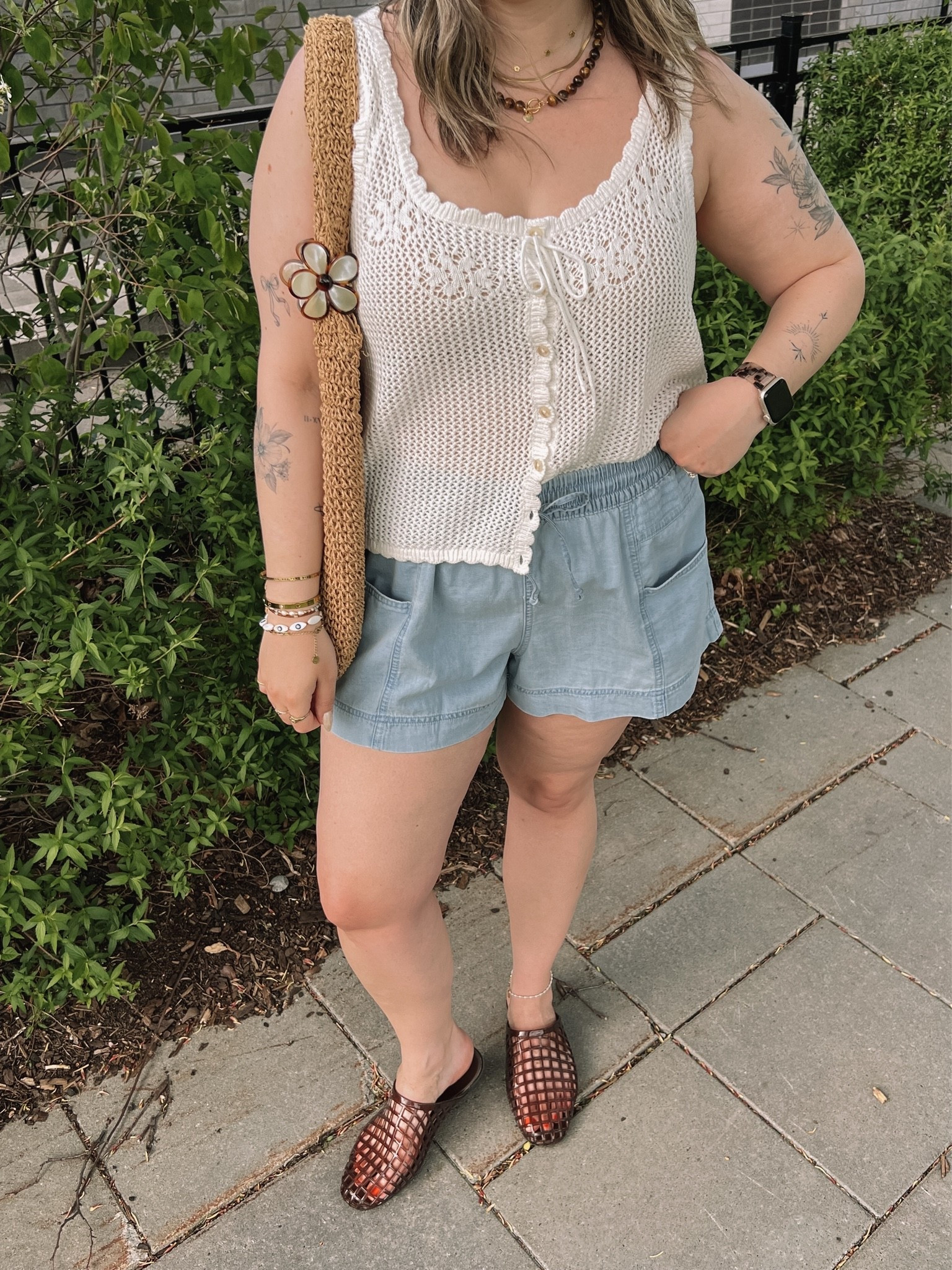 Casual summer outfit! Shorts are so comfy and perfect for a hot day! Wearing my usual size L. Crochet tank top is breezy and the mesh is small enough that I don’t wear a cami underneath. Jelly shoes are comfy, but size up if between. I’m a 9.5-10 and wear a 10. Canadian Old Navy links are under “similar products”

#LTKsummer #LTKsale #LTKmidsize