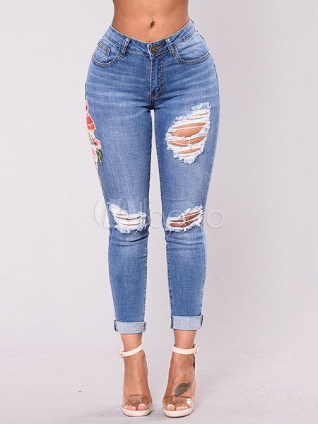 Women's Embroidered Jeans Skinny Destroyed Blue Denim Pants | Milanoo