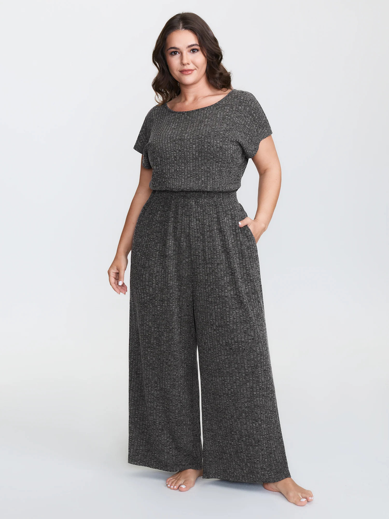 Supersoft Ribbed Pockets Back-Tie Lounge Jumpsuit | Bloomchic