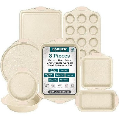 BAKKEN Deluxe 8-Piece Carbon Steel Bakeware Set - Nonstick White Marble Coating,
Silicone Handles - Professional Quality Kitchen Oven Baking Pans | Target
