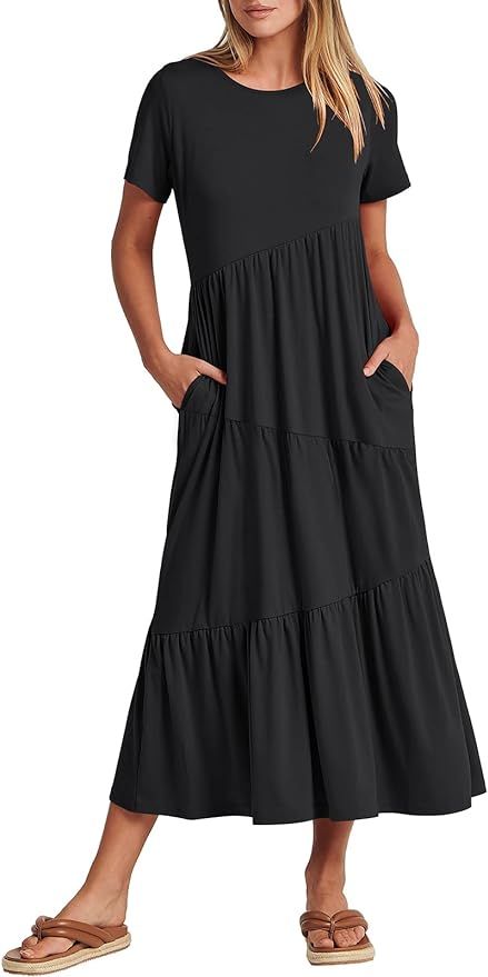ANRABESS Women Summer Maxi Dress Short Sleeve Swing Casual Asymmetric Tiered Vacation Long Beach ... | Amazon (US)