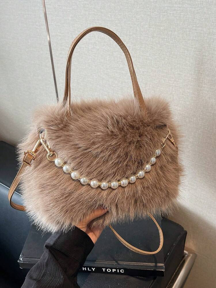 White Fluffy Handbag For Women, Fashion Pearl Tote Bag, Faux Fur Bag, Versatile Shoulder Crossbod... | SHEIN