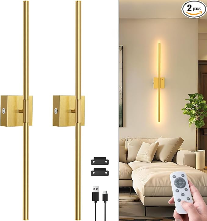 NIORSUN 28 Inch Battery Operated Wall Sconce Set of 2, 360° Rotation Gold Rechargeable Wall Ligh... | Amazon (US)