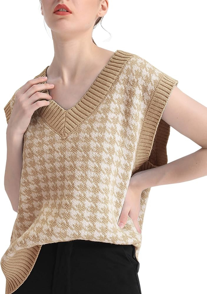 SAFRISIOR Oversized Houndstooth Knitted Vest Sweater Vintage V Neck Loose Sleeveless Sweater | Amazon (US)
