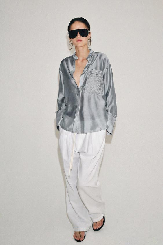 Zara - Zw Collection Embroidered Pocket Shirt - Blue Grey - S - Woman | Zara AU