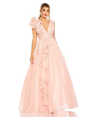 Mac Duggal Women's One-Shoulder Ruffle Ball Gown with Plunging V-Neck - Macy's | Macy's