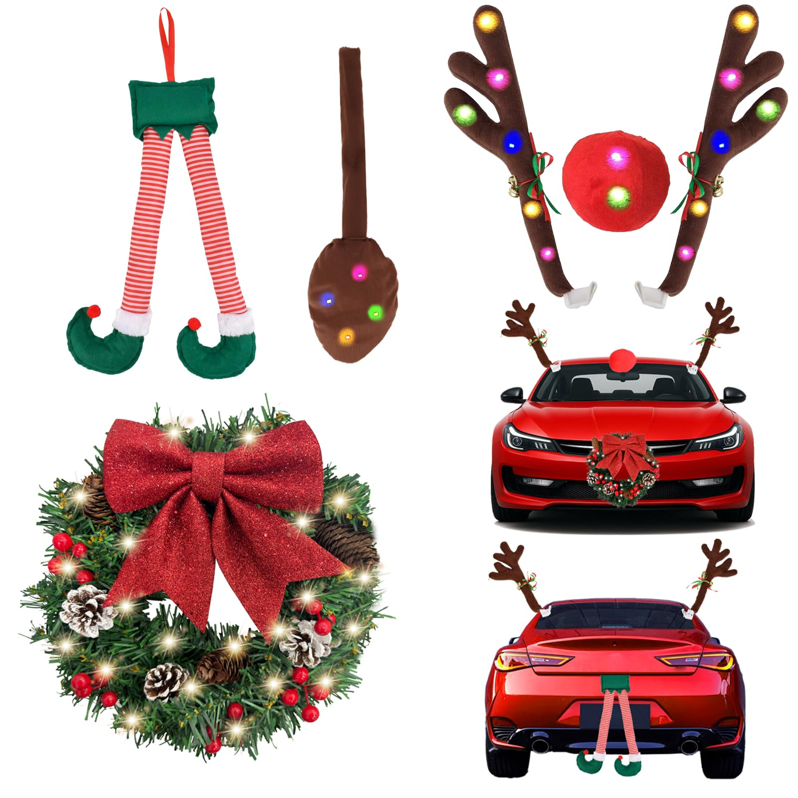 Christmas Decor Car Reindeer Antlers Kit with Lighted Christmas Wreath Santa Legs Nose Tail Chris... | Amazon (US)