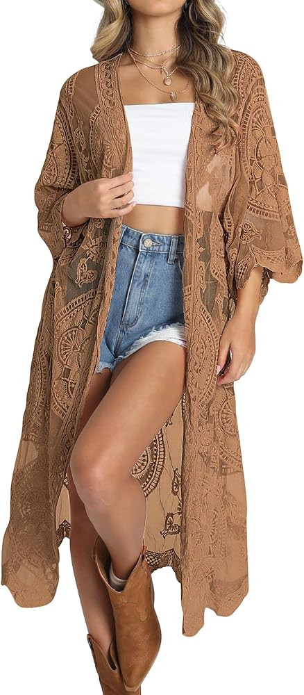 Bsubseach Women Mesh Cardigan Bikini Beach Kimono Open Front Swimsuit Cover Ups Swimwear | Amazon (US)
