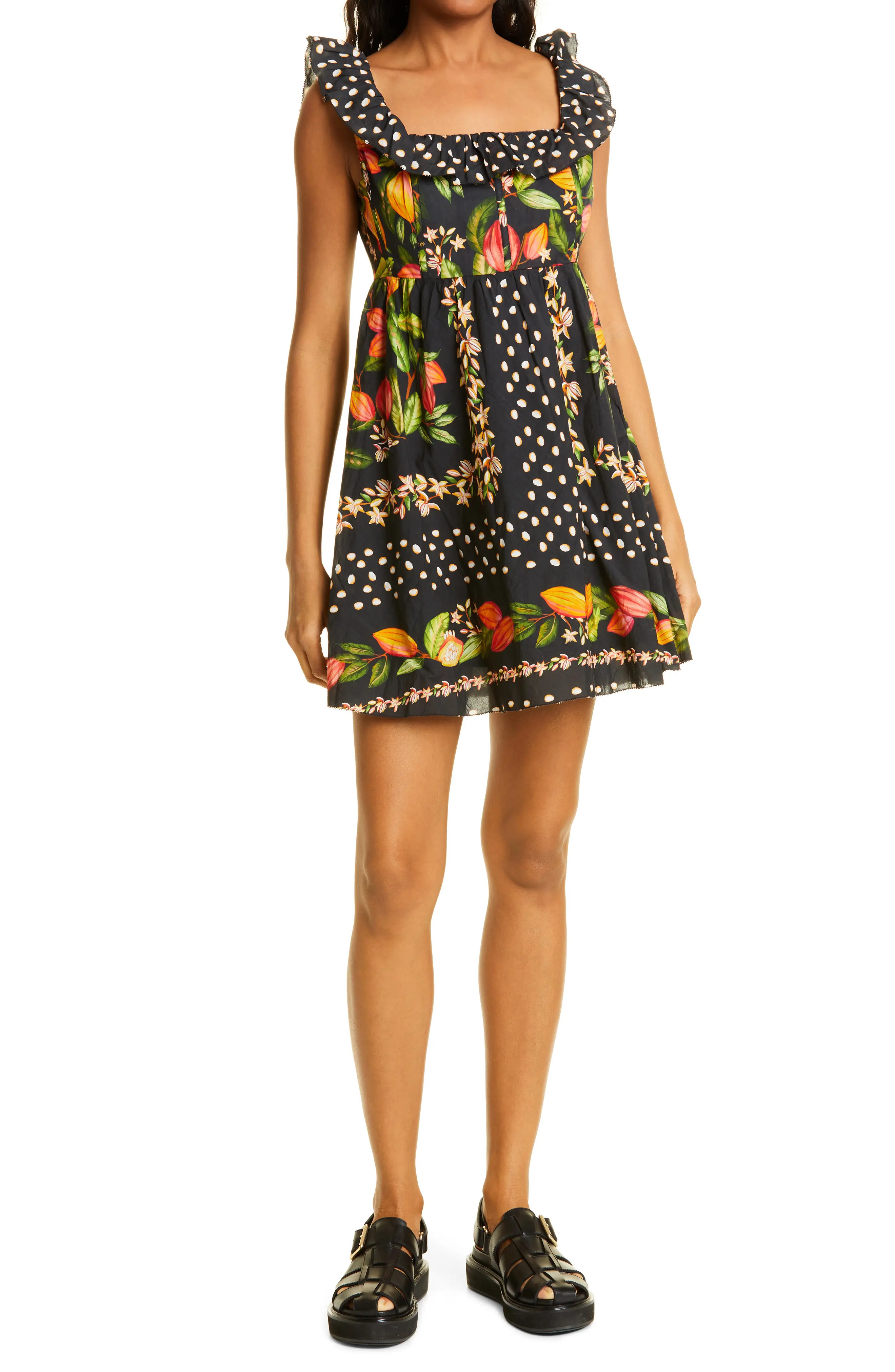 FARM Rio Cocoa Paradise Ruffle Dress in Black at Nordstrom, Size Small | Nordstrom
